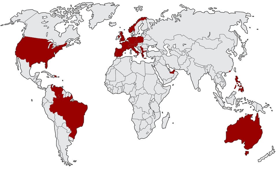 Weltkarte. Die Länder in denen Inkasso-Team tätig ist, sind auf der Karte rot markiert.