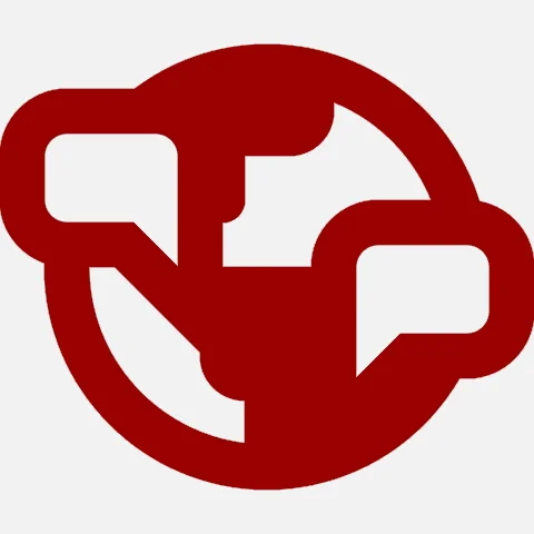 Ein roter Erdball mit zwei Sprachblasen